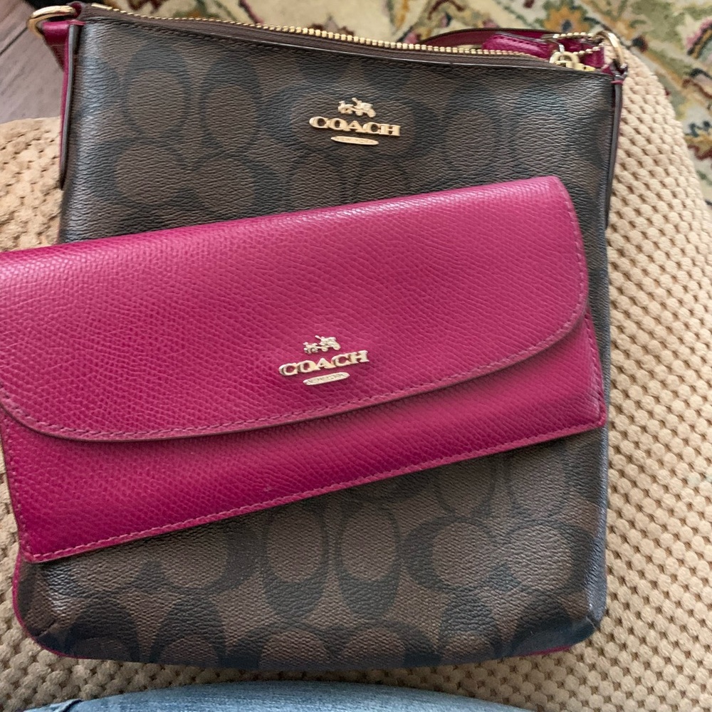 Coach Brown Pink/Plum Crossbody Rowan File Bag Signature Canvas Matching Wallet